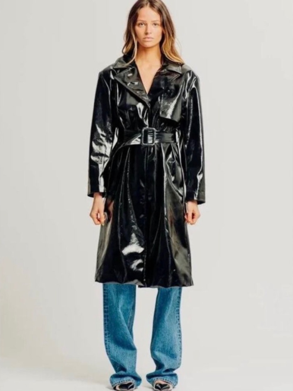 Torn by Ronny Kobo Black Vinyl Trench Coat